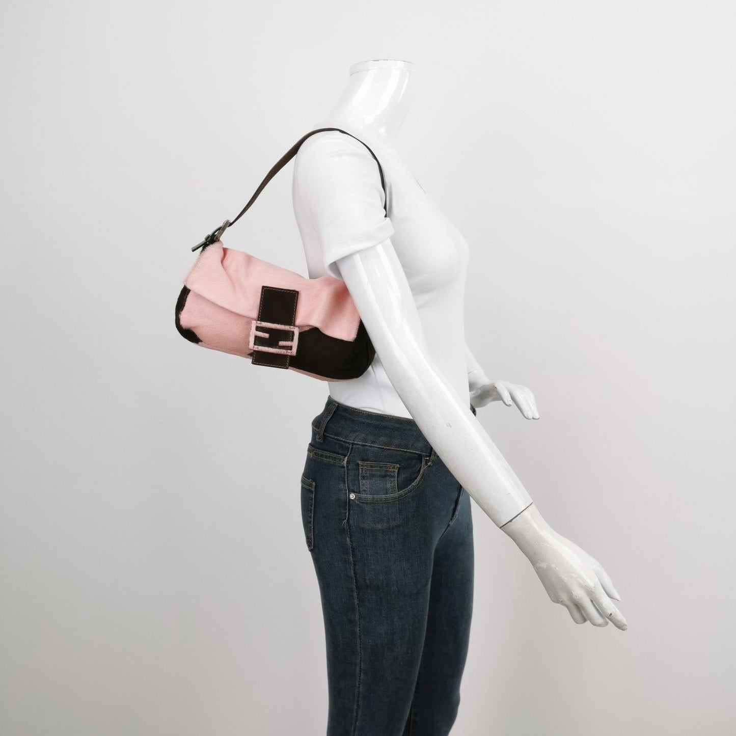 Fendi Baguette Pony Style Calfskin Leather Shoulder Bag in Pink Cow Print