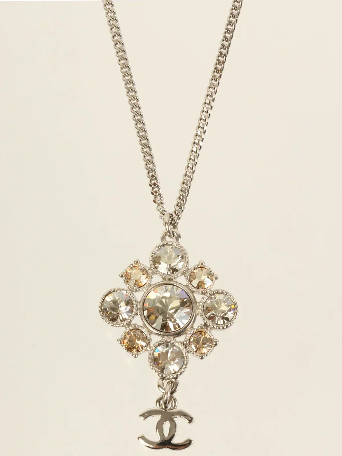 CHANEL 2012 Made Rhinestone Diamond Motif Cc Mark Swing Necklace Silver/Champagne