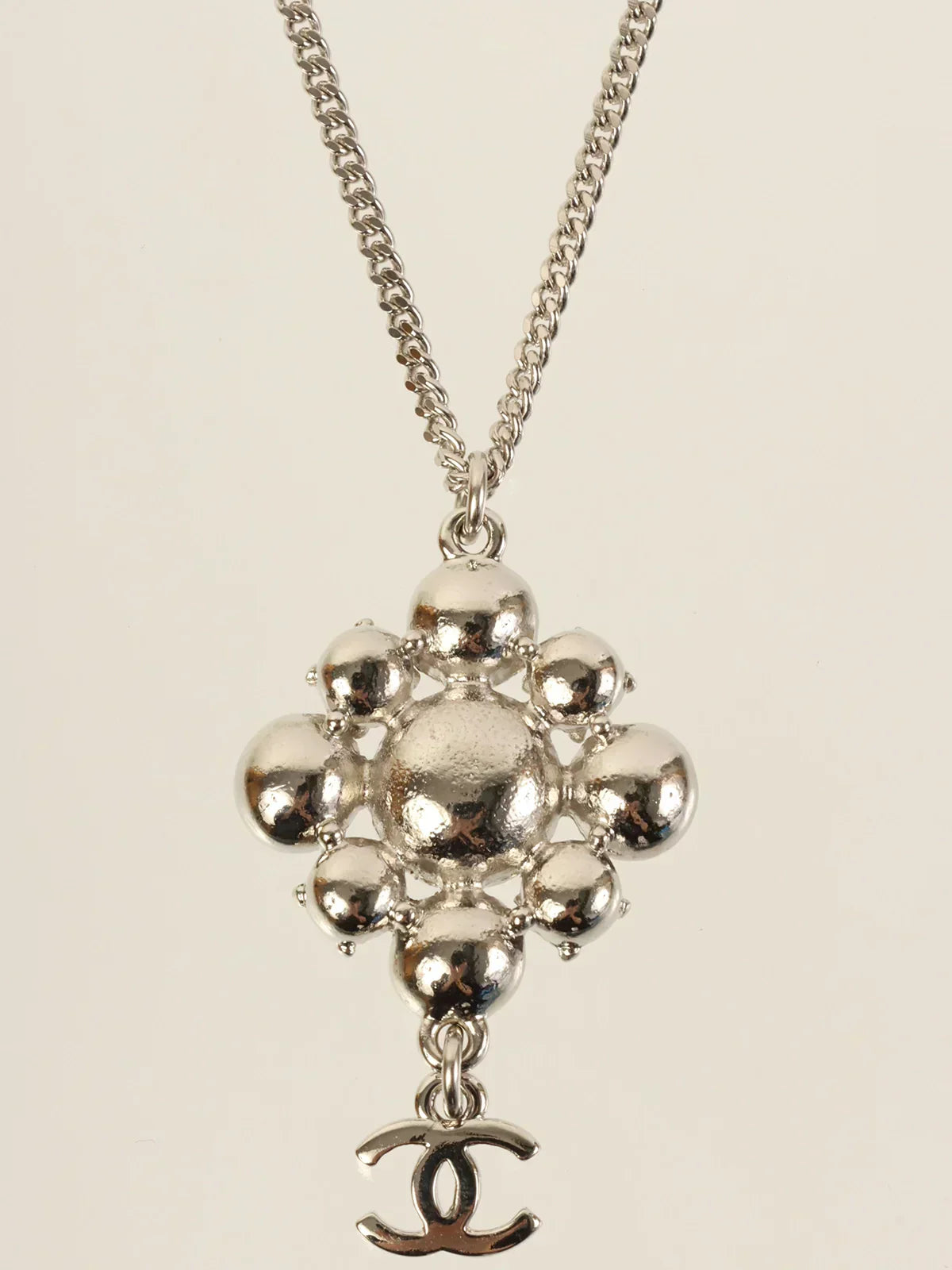 CHANEL 2012 Made Rhinestone Diamond Motif Cc Mark Swing Necklace Silver/Champagne