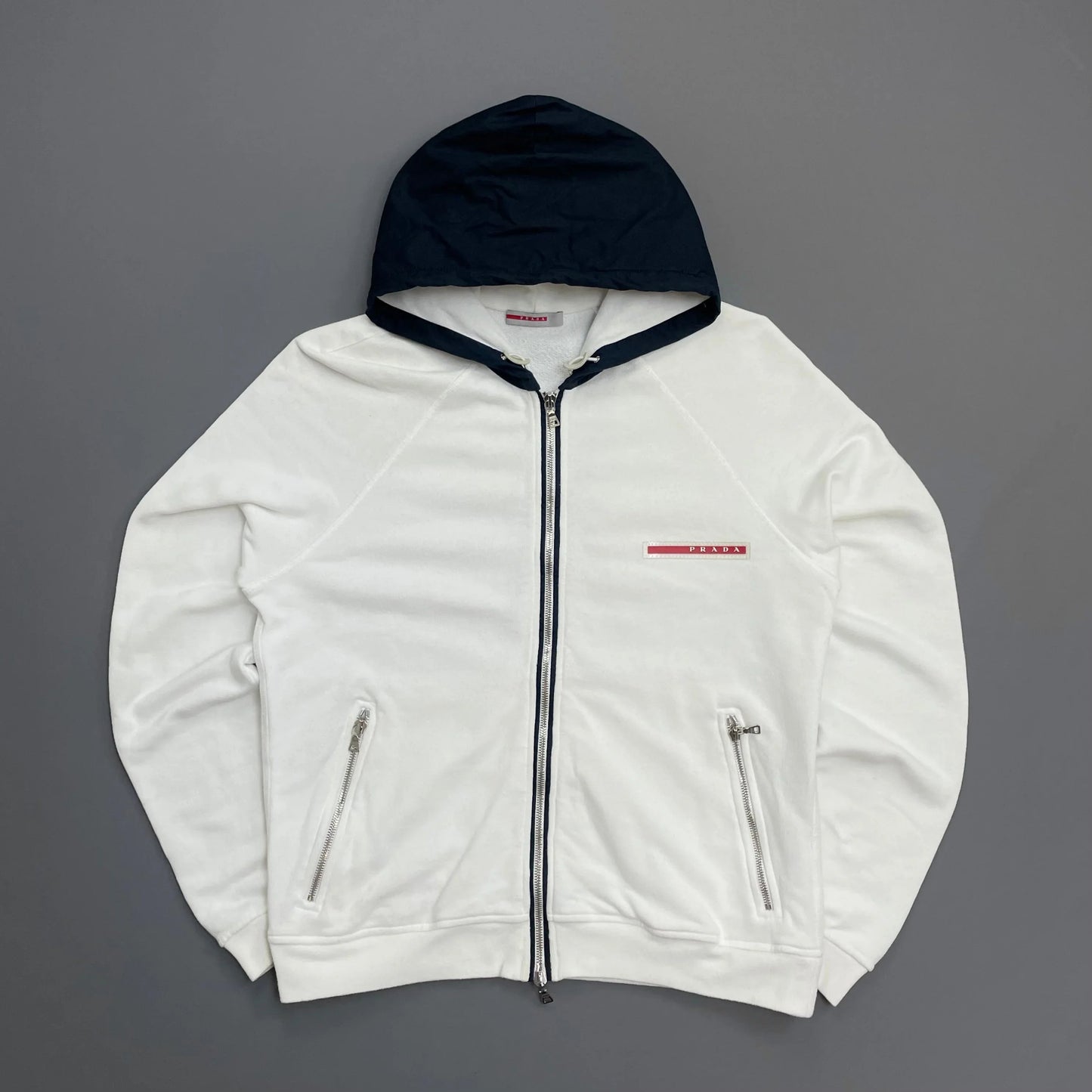 Prada Sport White 2006 Navy Hood Cotton Zip-Through Hoodie