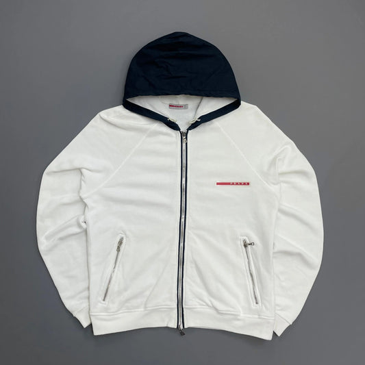 Prada Sport White 2006 Navy Hood Cotton Zip-Through Hoodie