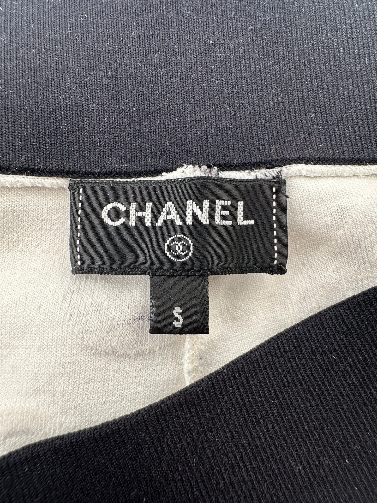 Chanel 22S White & Black Logo & Camellia Print Crop Top & Shorts Set with Black Trim & Metallic Applique Details Size S (UK 8)