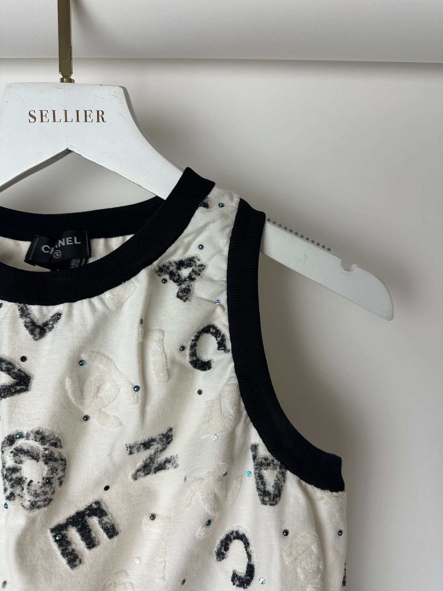 Chanel 22S White & Black Logo & Camellia Print Crop Top & Shorts Set with Black Trim & Metallic Applique Details Size S (UK 8)
