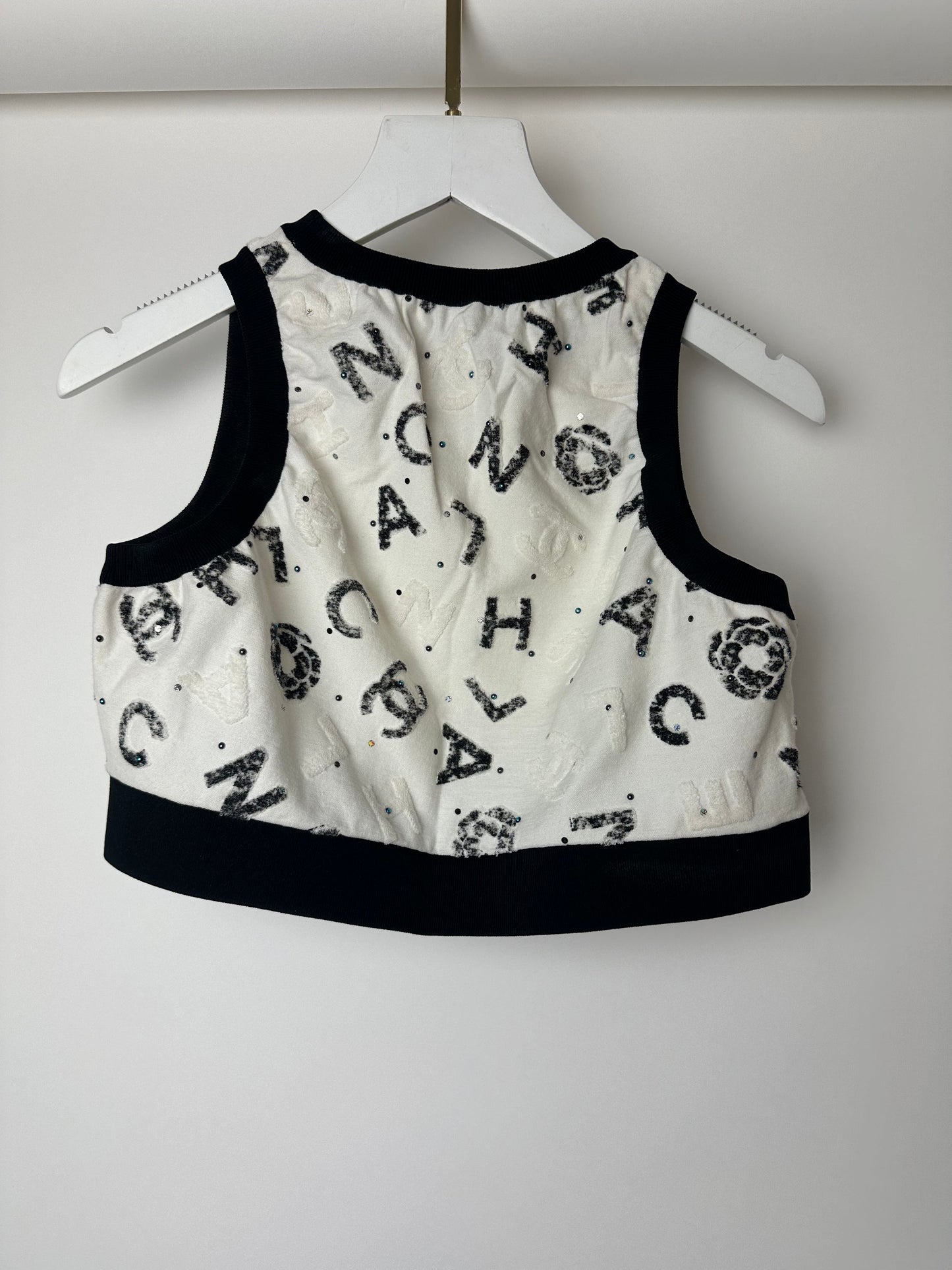 Chanel 22S White & Black Logo & Camellia Print Crop Top & Shorts Set with Black Trim & Metallic Applique Details Size S (UK 8)