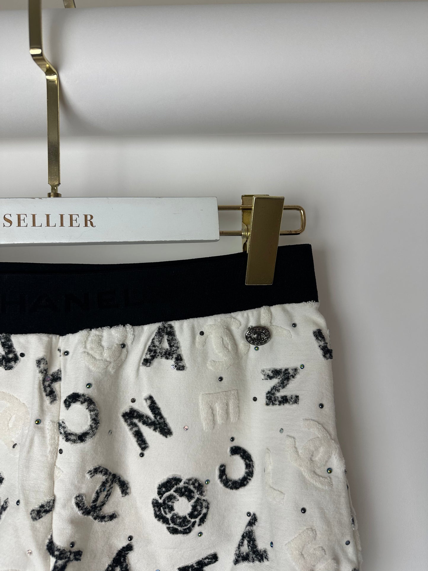 Chanel 22S White & Black Logo & Camellia Print Crop Top & Shorts Set with Black Trim & Metallic Applique Details Size S (UK 8)