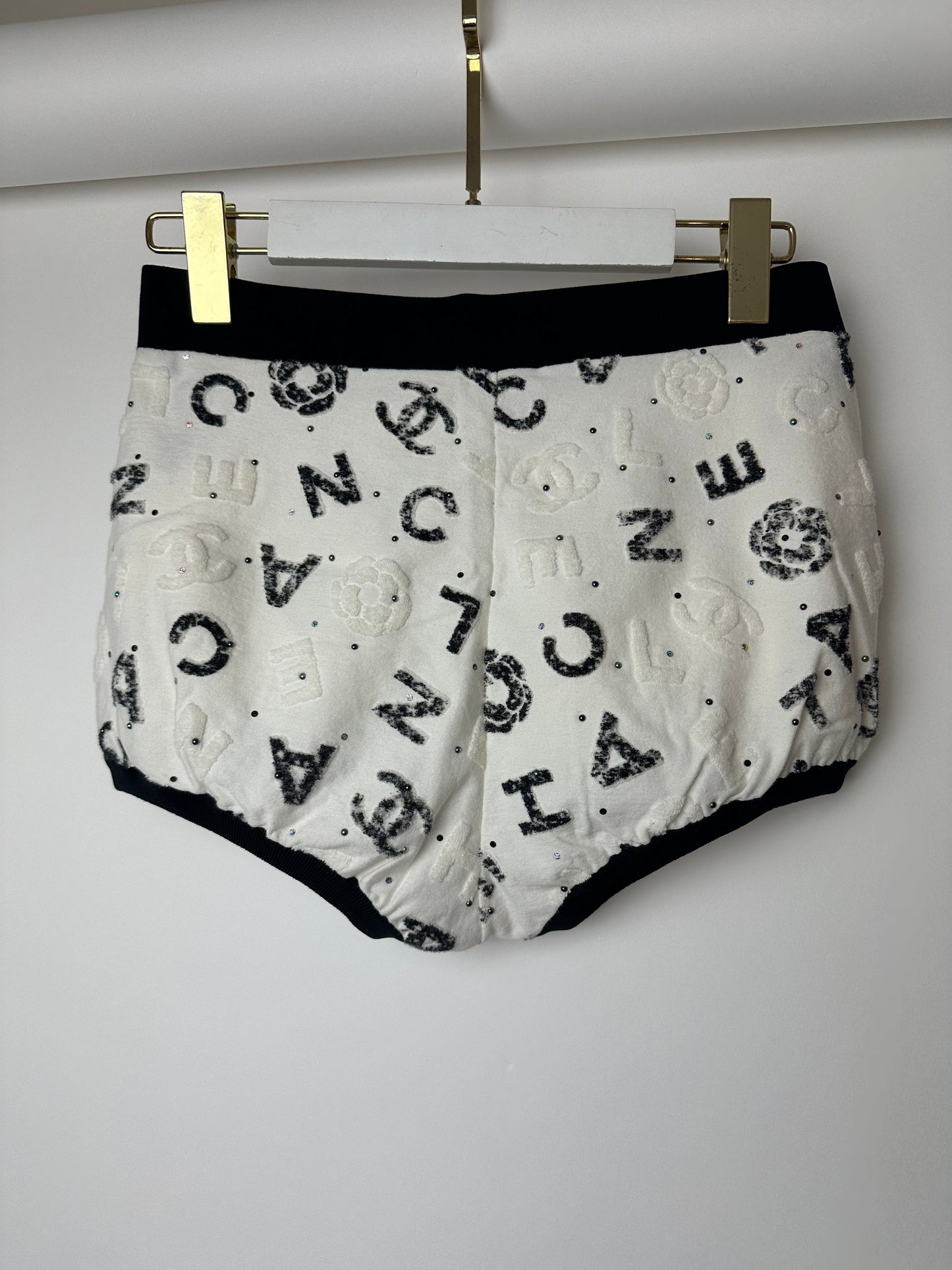 Chanel 22S White & Black Logo & Camellia Print Crop Top & Shorts Set with Black Trim & Metallic Applique Details Size S (UK 8)