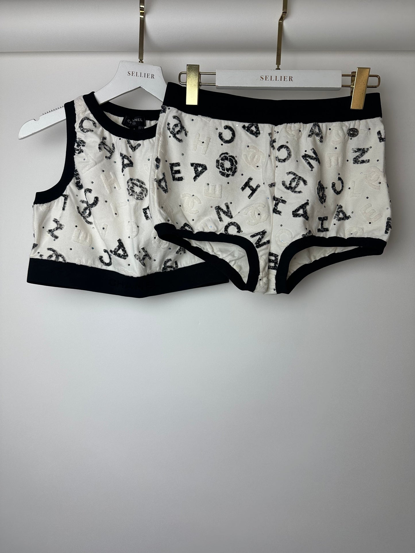 Chanel 22S White & Black Logo & Camellia Print Crop Top & Shorts Set with Black Trim & Metallic Applique Details Size S (UK 8)