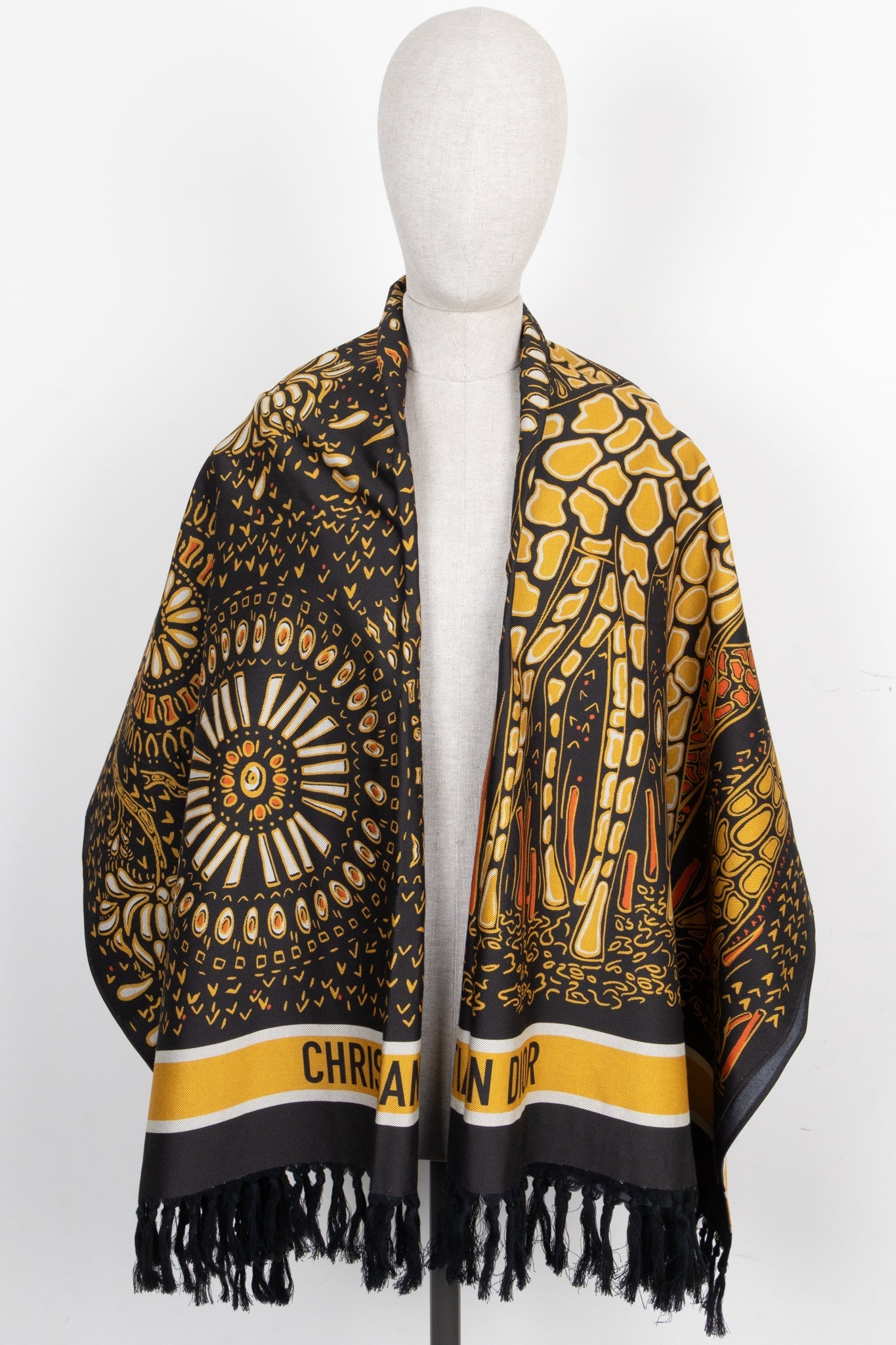 CHRISTIAN DIOR Fringed Giraffe Towl Cotton Black Yellow