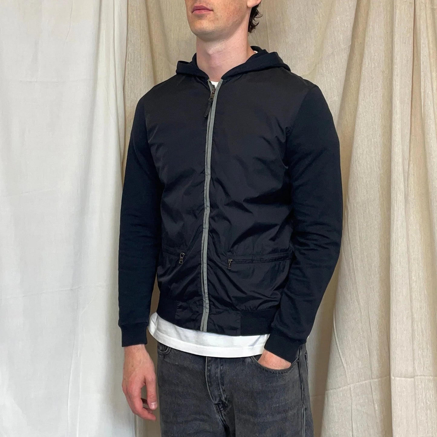 Prada Sport Navy 00s Nylon Panelled Lightweight Zip-Through Hoodie
