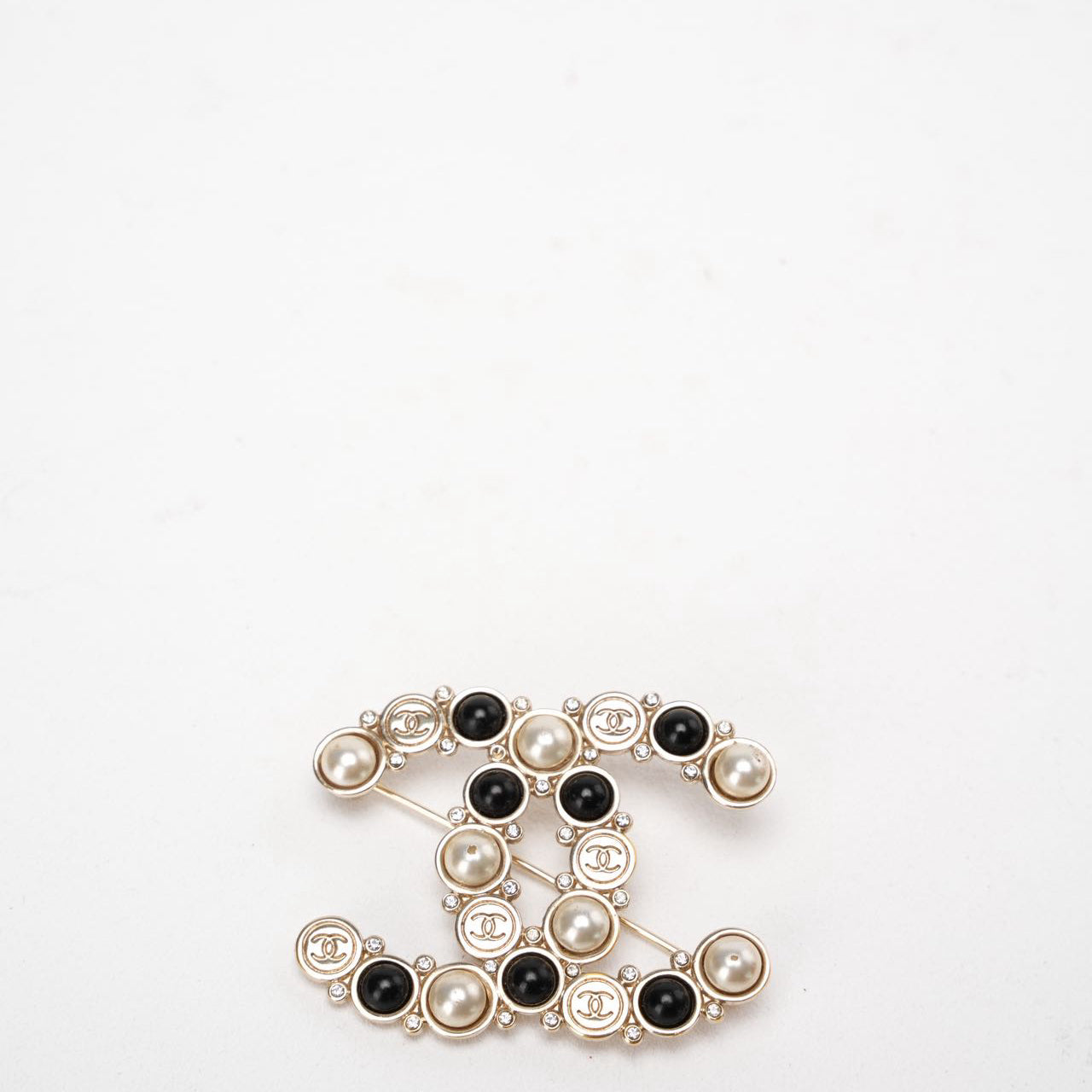Chanel CC Brooch with Faux Pearls and Black Resin Beads
