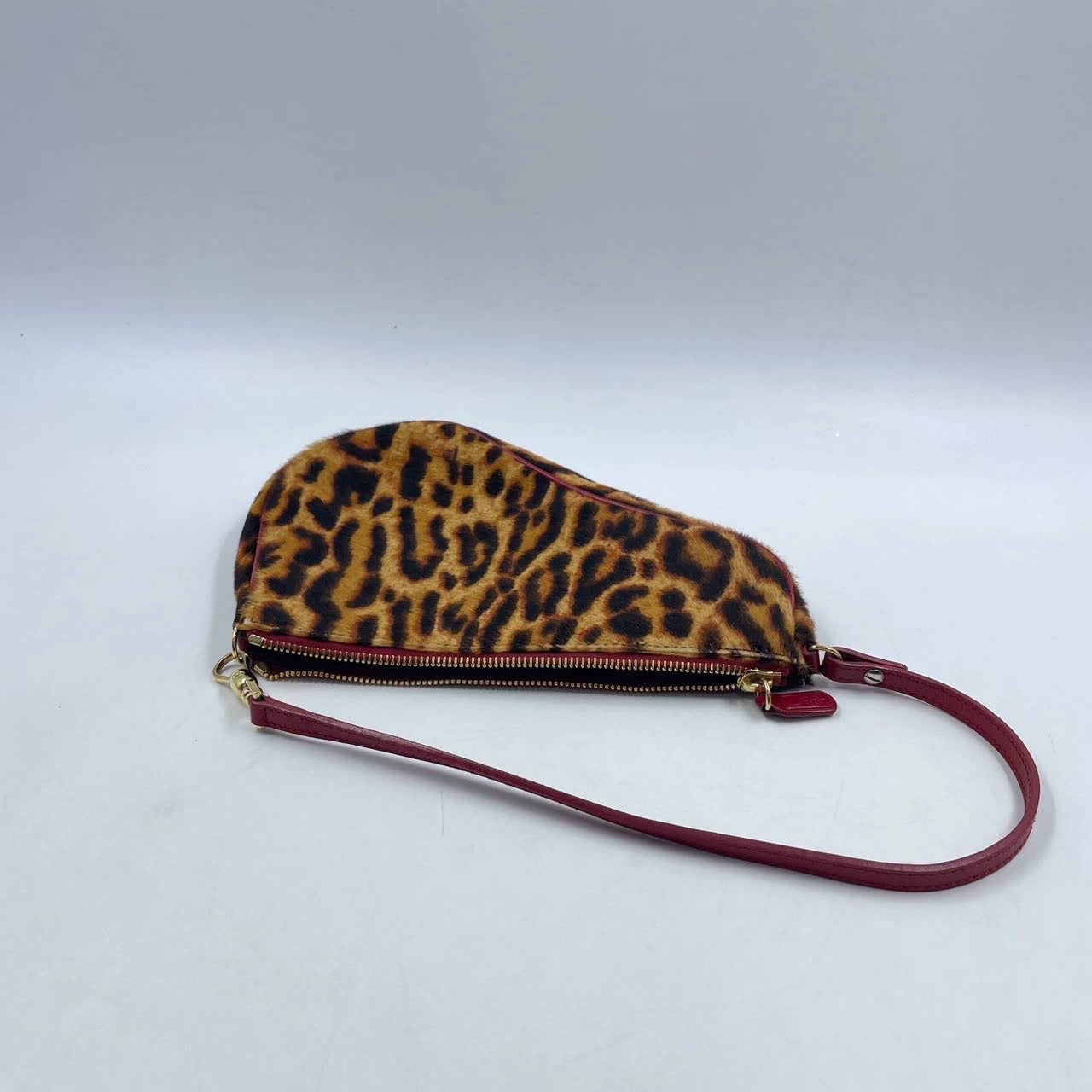 Dior Saddle   Classic Leopard Print Ponyhair Calfskin leather red strap zip opening