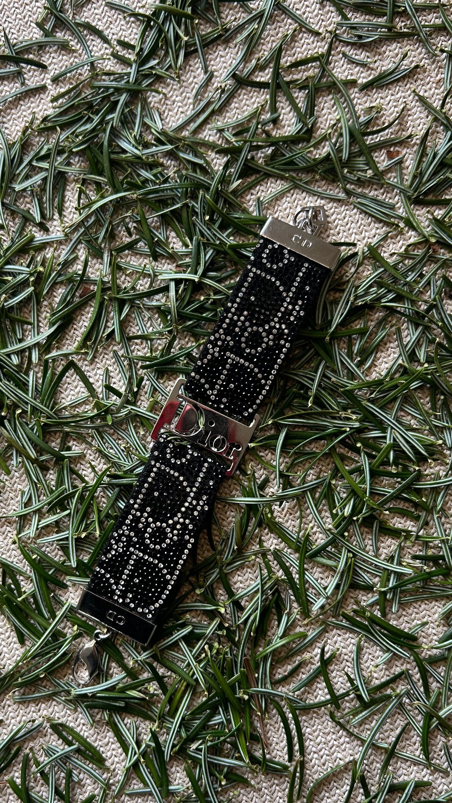 CHRISTIAN DIOR Oblique Strass Leather Bracelet Black Silver