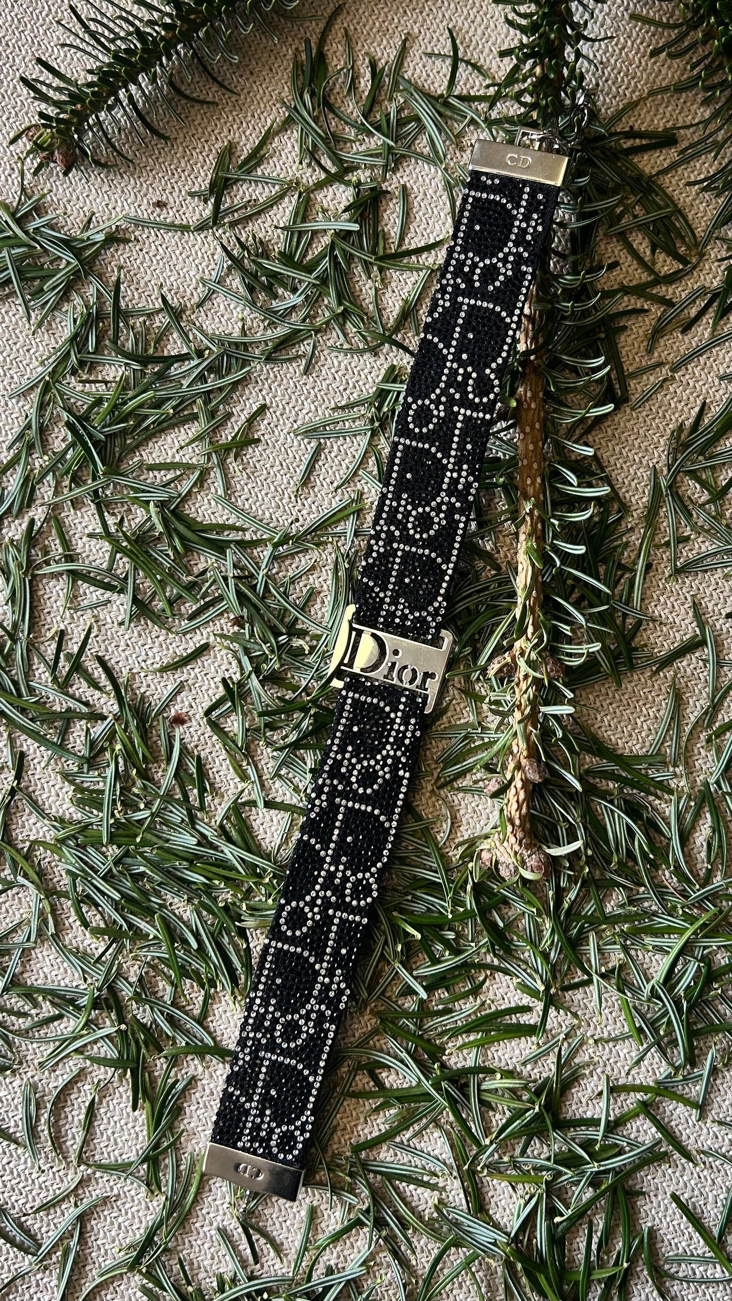CHRISTIAN DIOR Oblique Strass Leather Choker Black Silver