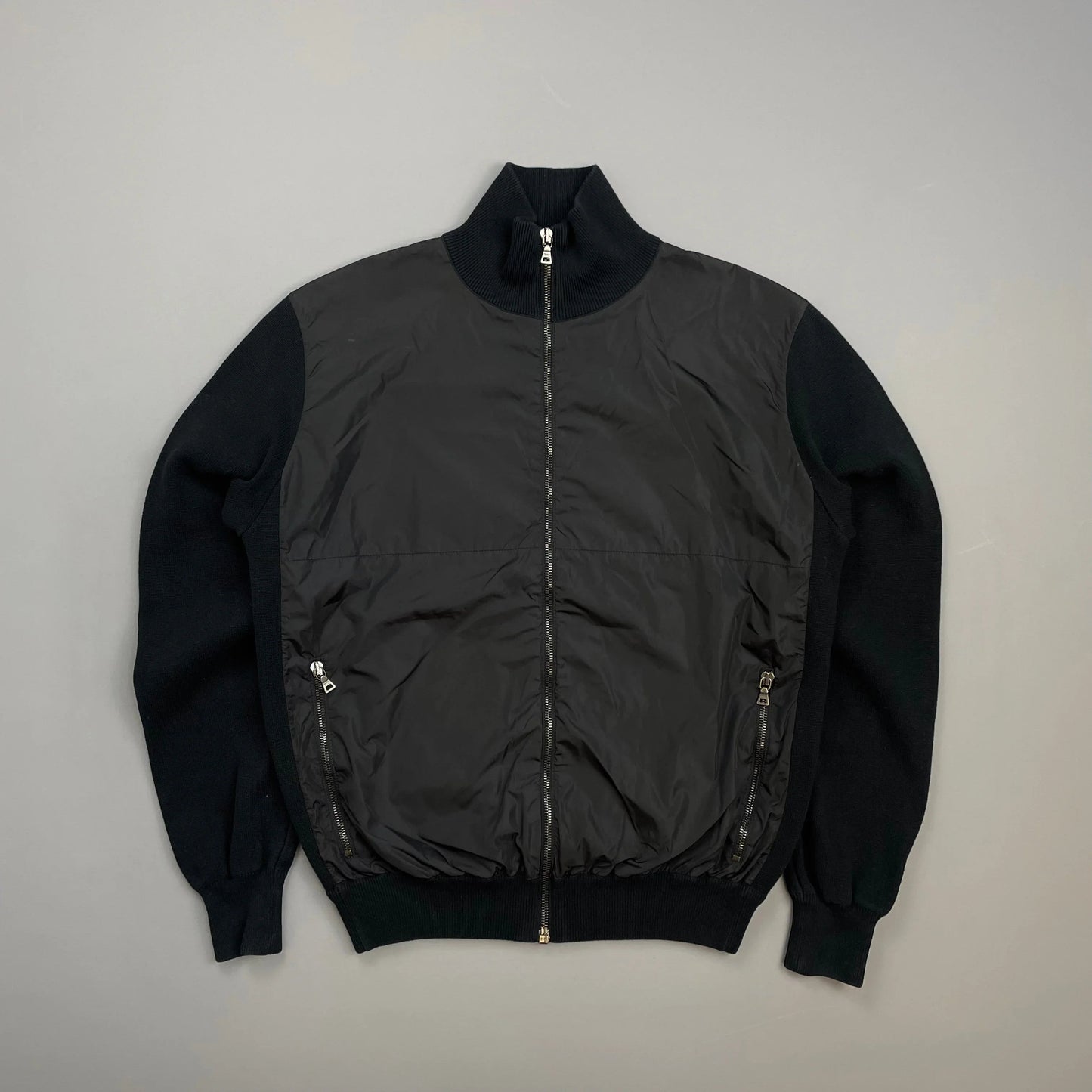 Prada Sport Black 2008 Cotton Knit Nylon Torso Zip-Through Jacket