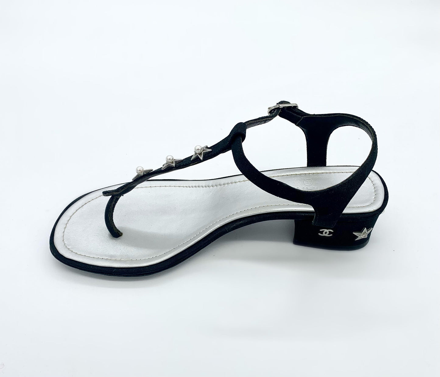 CHANEL T-STRAP PEARL EMBELLISHED BLOCK HEEL SANDALS