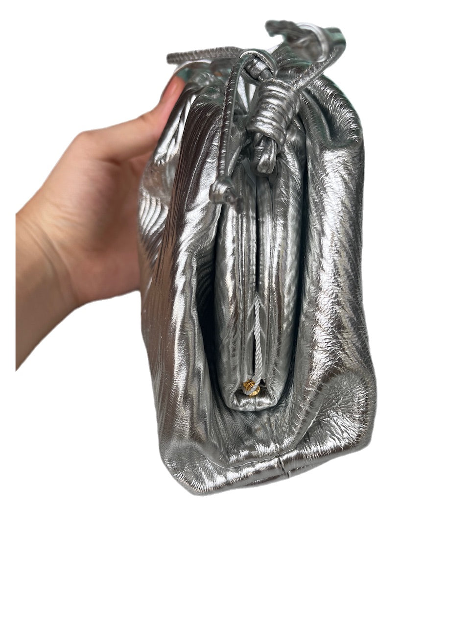Bottega Veneta Pouch Mini Silver Lambskin Leather Tree Trunk pattern
