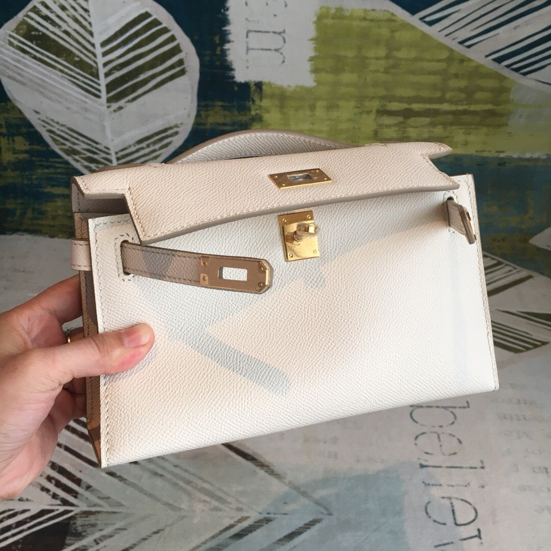 Top Quality Kelly Pochettee White For Women Gold Toned Hardware 8.5in/22cm