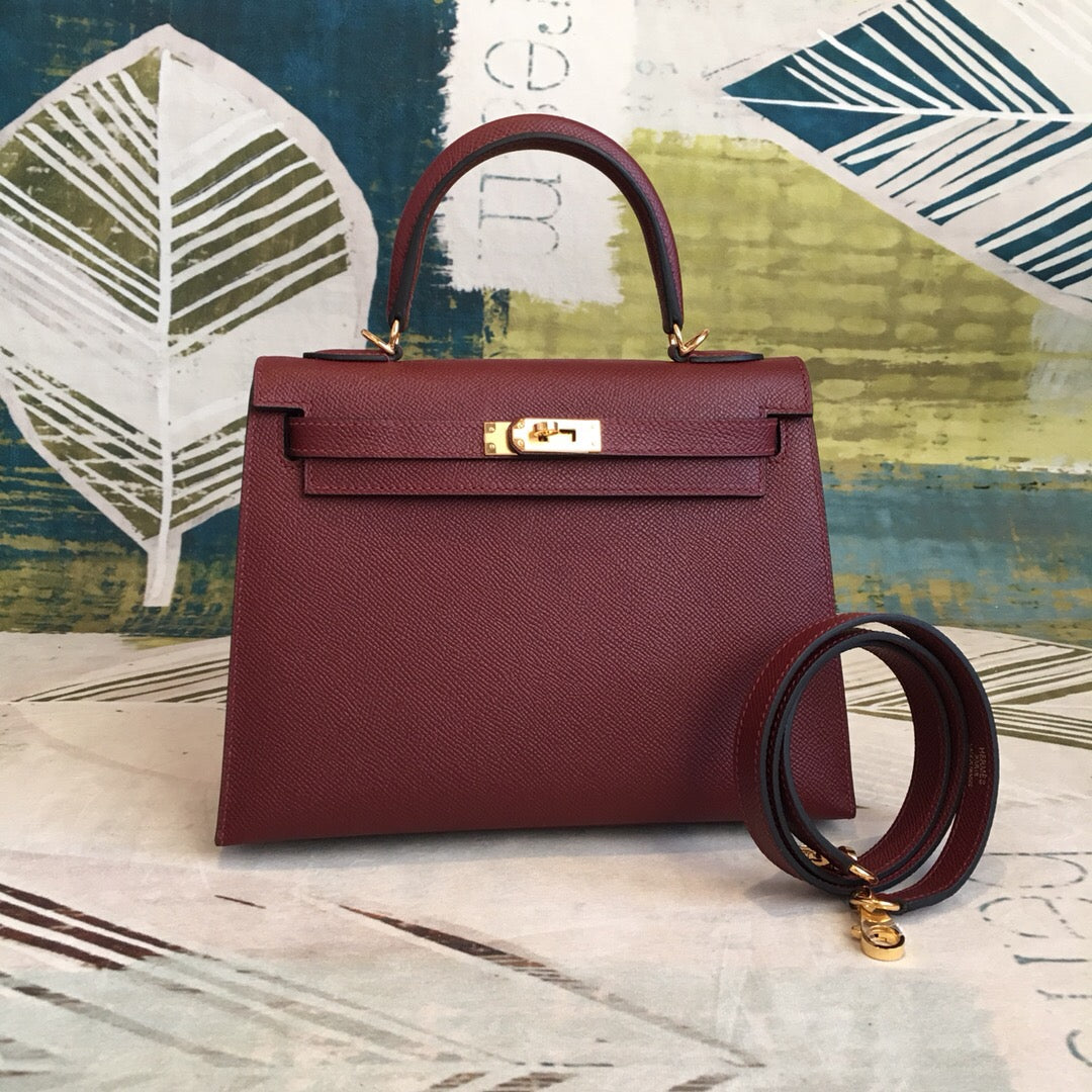 Top Quality Kelly Burgundy For Women Gold Toned Hardware 10in/25cm