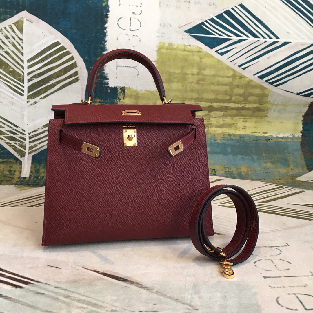 Top Quality Kelly Burgundy For Women Gold Toned Hardware 10in/25cm