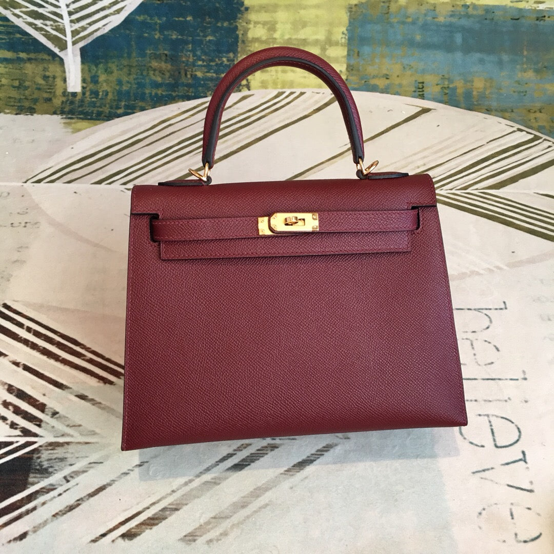 Top Quality Kelly Burgundy For Women Gold Toned Hardware 10in/25cm