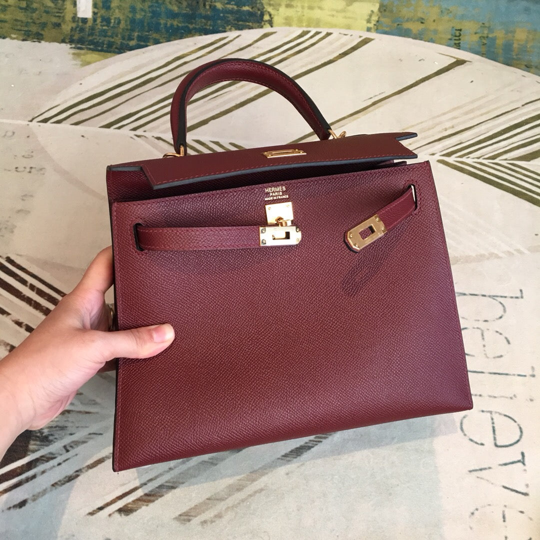 Top Quality Kelly Burgundy For Women Gold Toned Hardware 10in/25cm