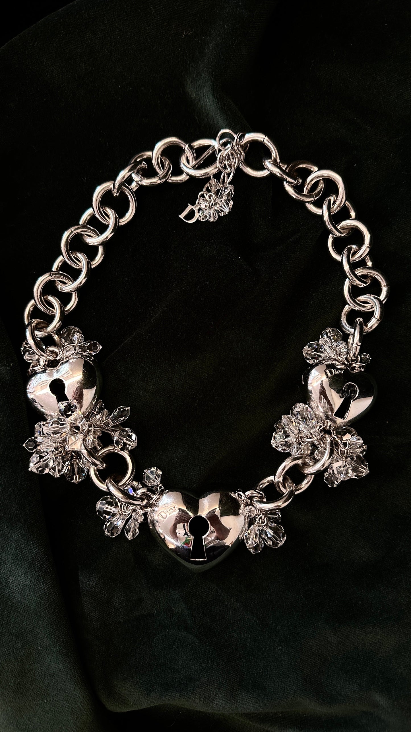 CHRISTIAN DIOR Beaded Heart Necklace Silver