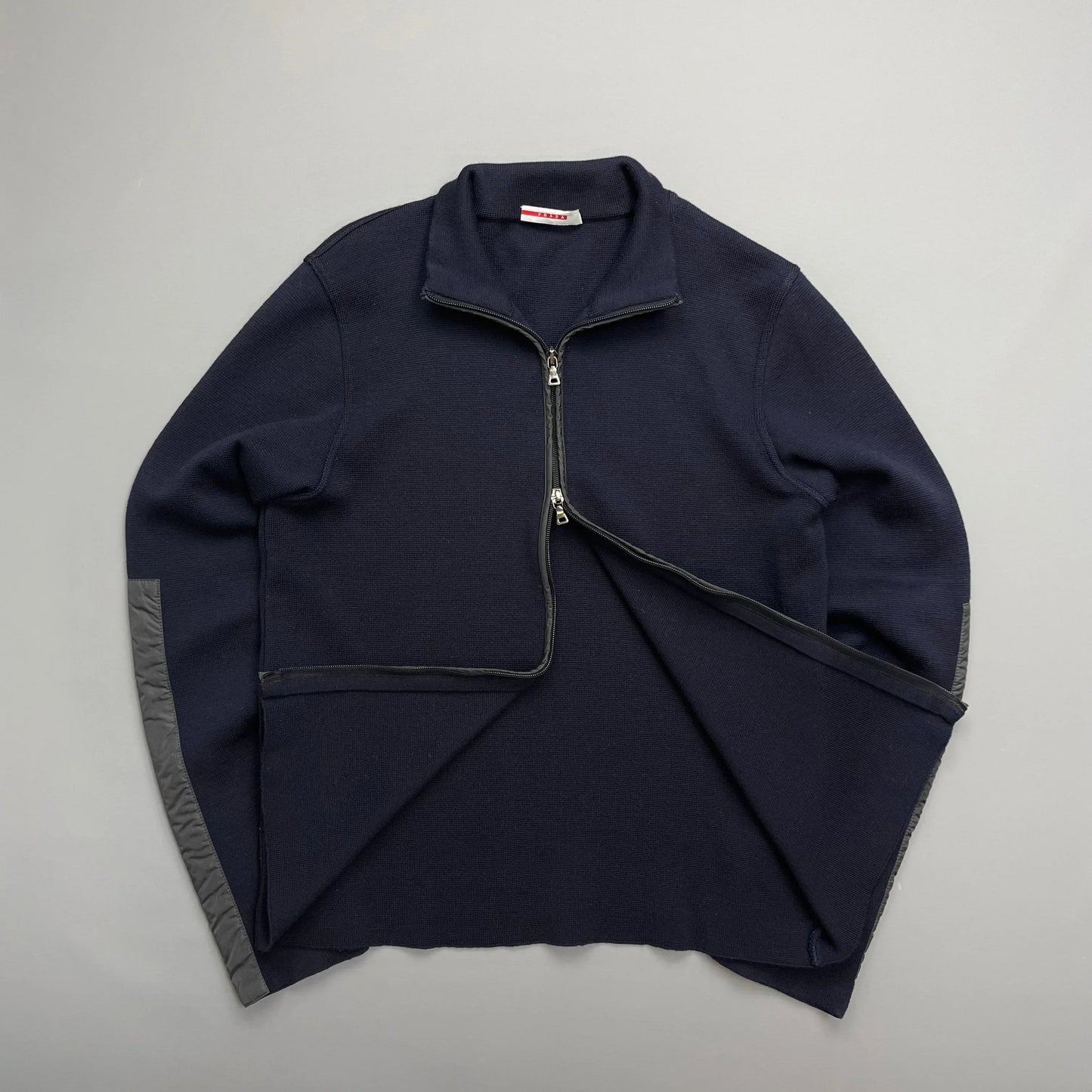 Prada Navy Nylon Panelled Zip-Through Knit Cardigan Jumper
