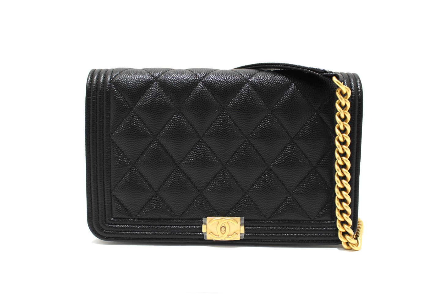 Chanel Black Caviar Quilted Leather Boy Wallet On Chain WOC