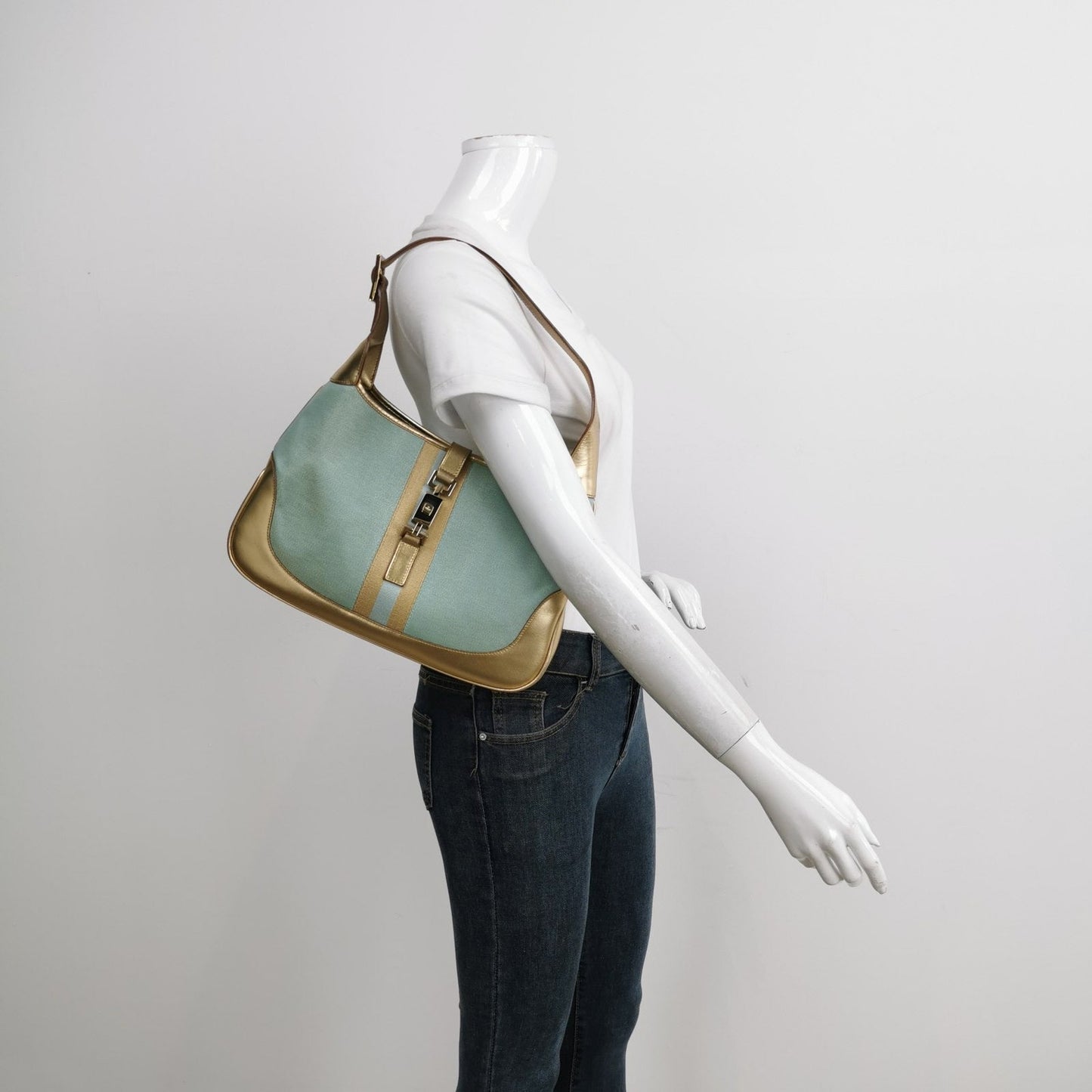 Gucci Jackie   Mini Blue Nylon with Gold Leather Shoulder Bag Medium