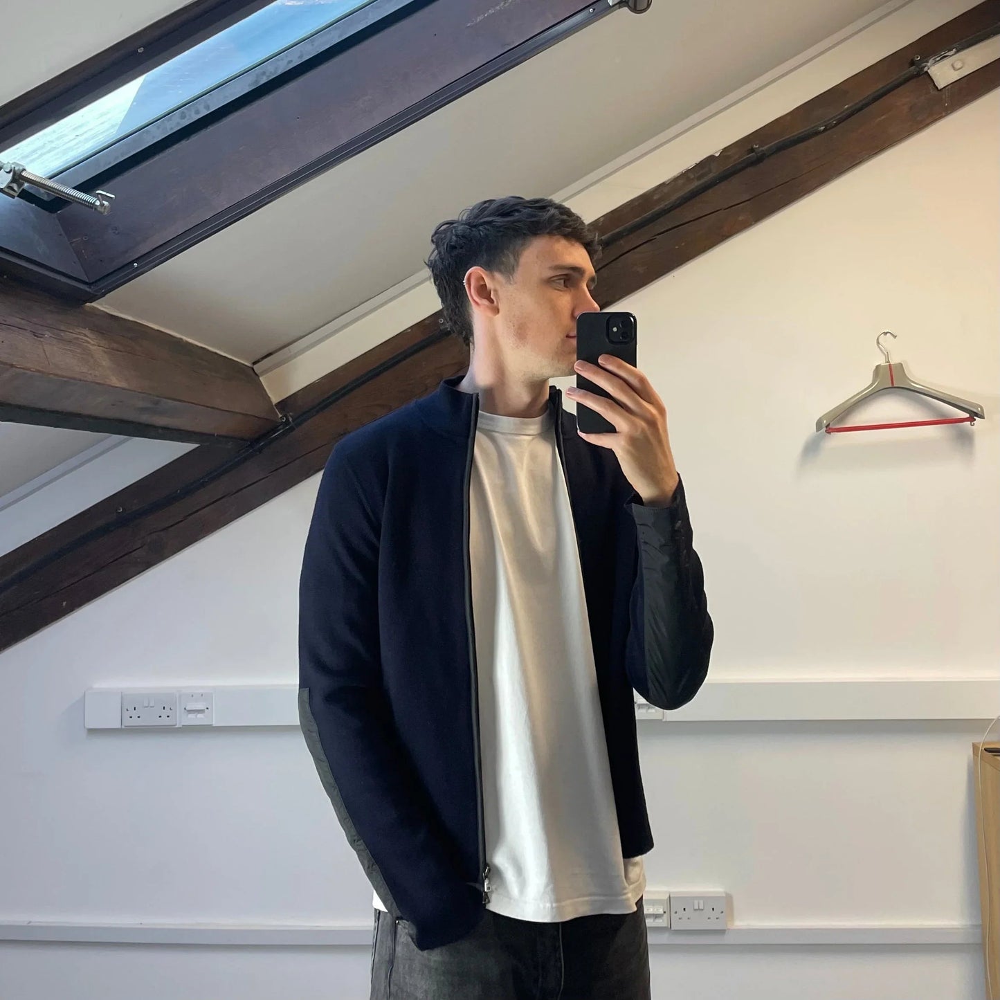 Prada Navy Nylon Panelled Zip-Through Knit Cardigan Jumper