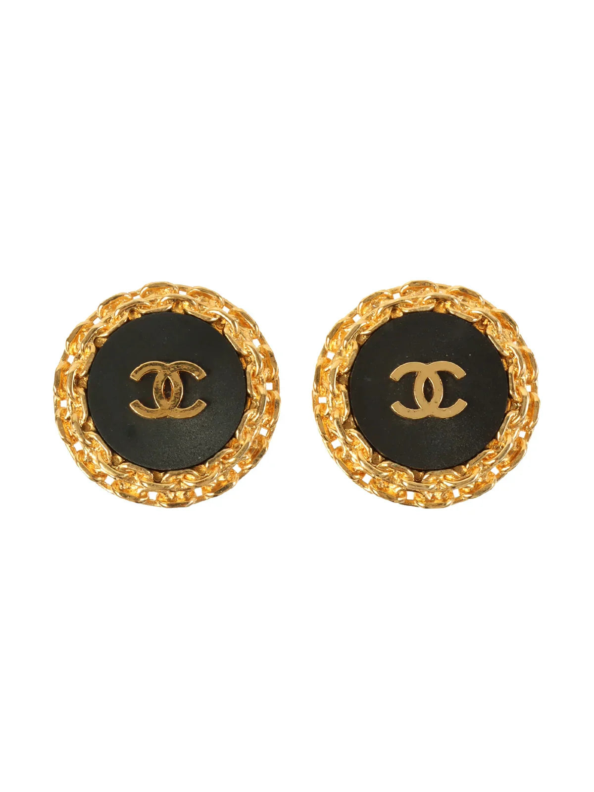 CHANEL 1992 Made Chain Motif Round Cc Mark Earrings Black/Gold