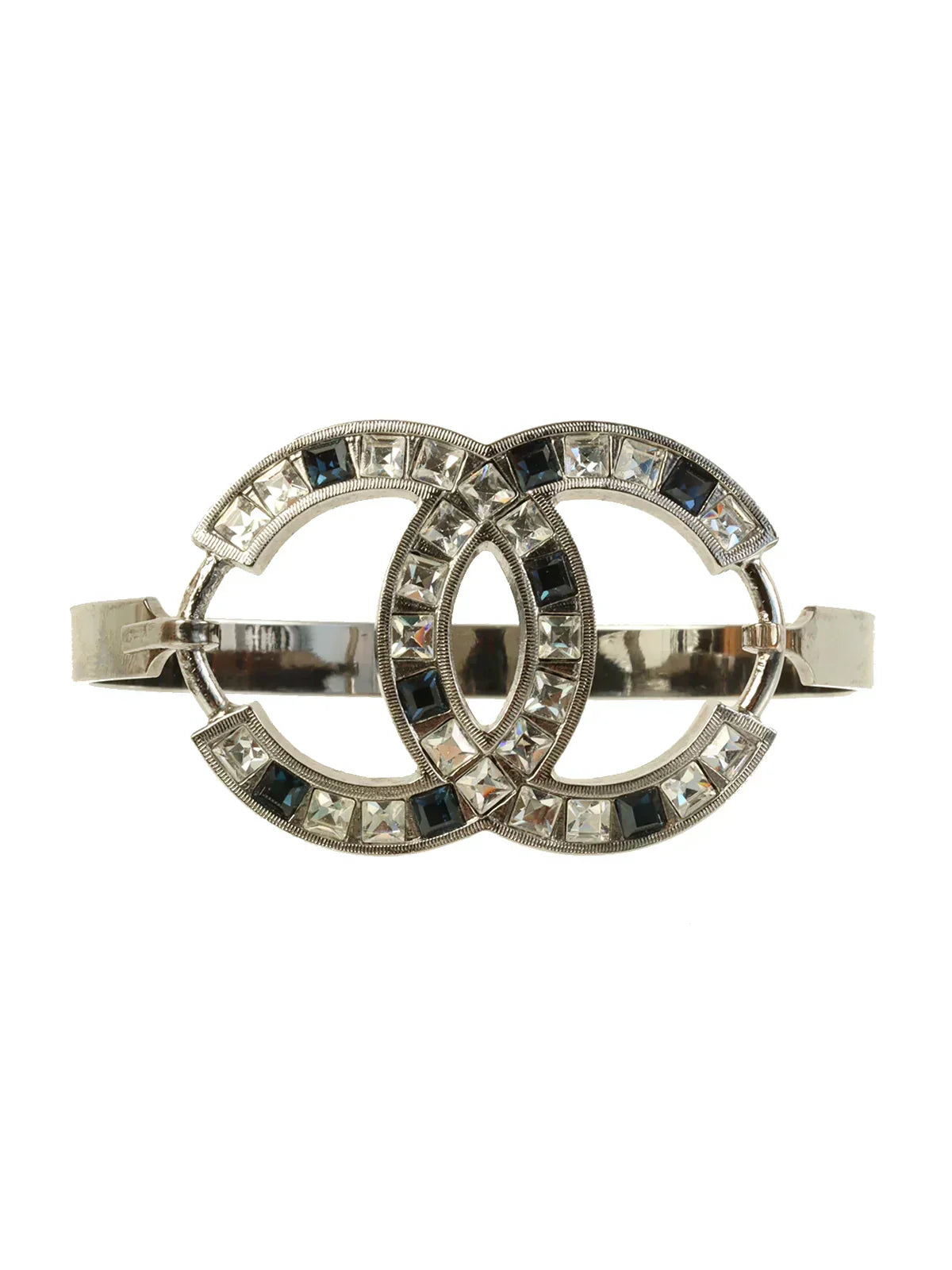 CHANEL 2005 Made Rhinestone Cc Mark Bangle Black/Silver