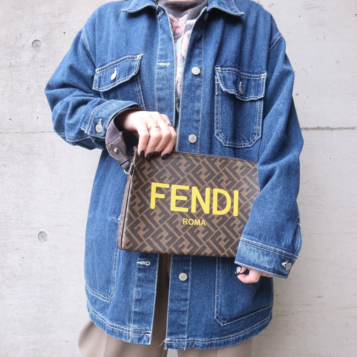 FENDI Zucca PVC Leather Clutch Bag Brown 7VA564