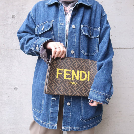 FENDI Zucca PVC Leather Clutch Bag Brown 7VA564
