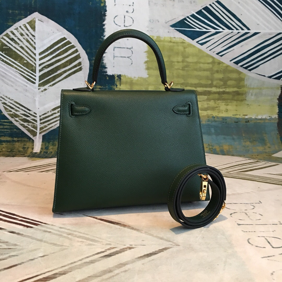 Top Quality Kelly Green For Women Gold Toned Hardware 10in/25cm