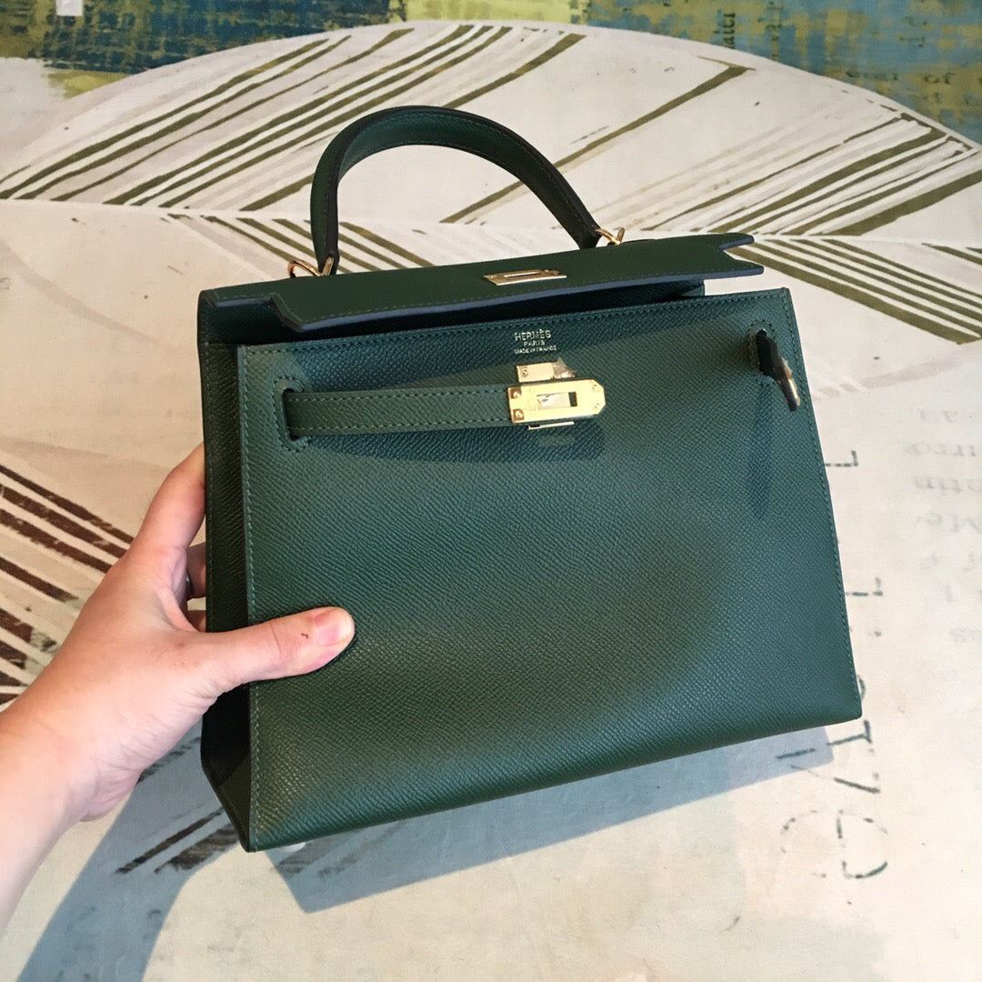Top Quality Kelly Green For Women Gold Toned Hardware 10in/25cm
