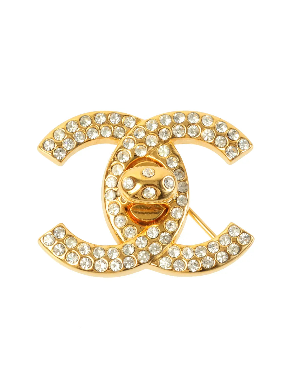 CHANEL 1996 Made Rhinestone Turn-Lock Brooch Gold