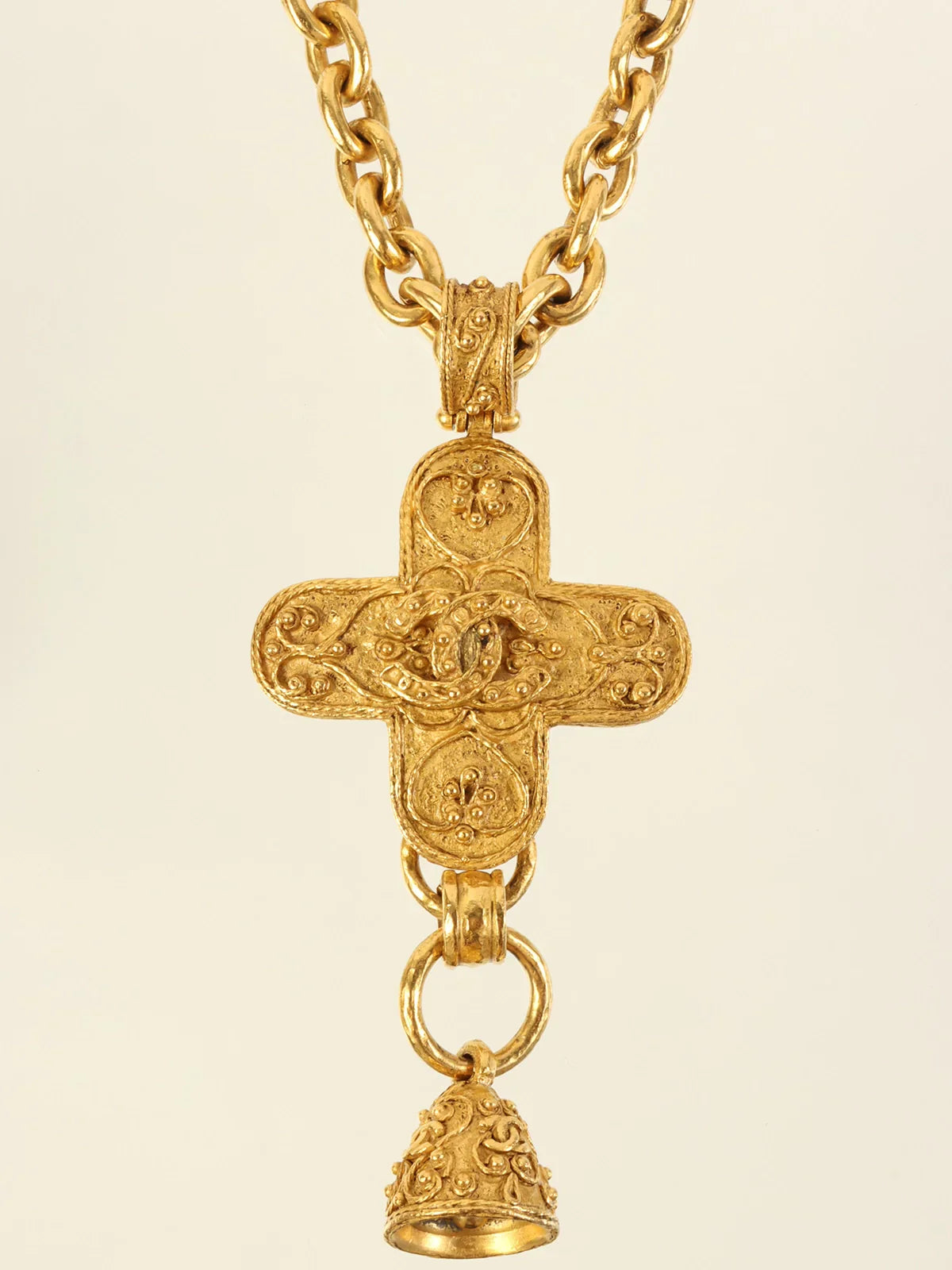 CHANEL 1994 Made Cross Bell Motif Dotted Cc Mark Long Necklace Gold
