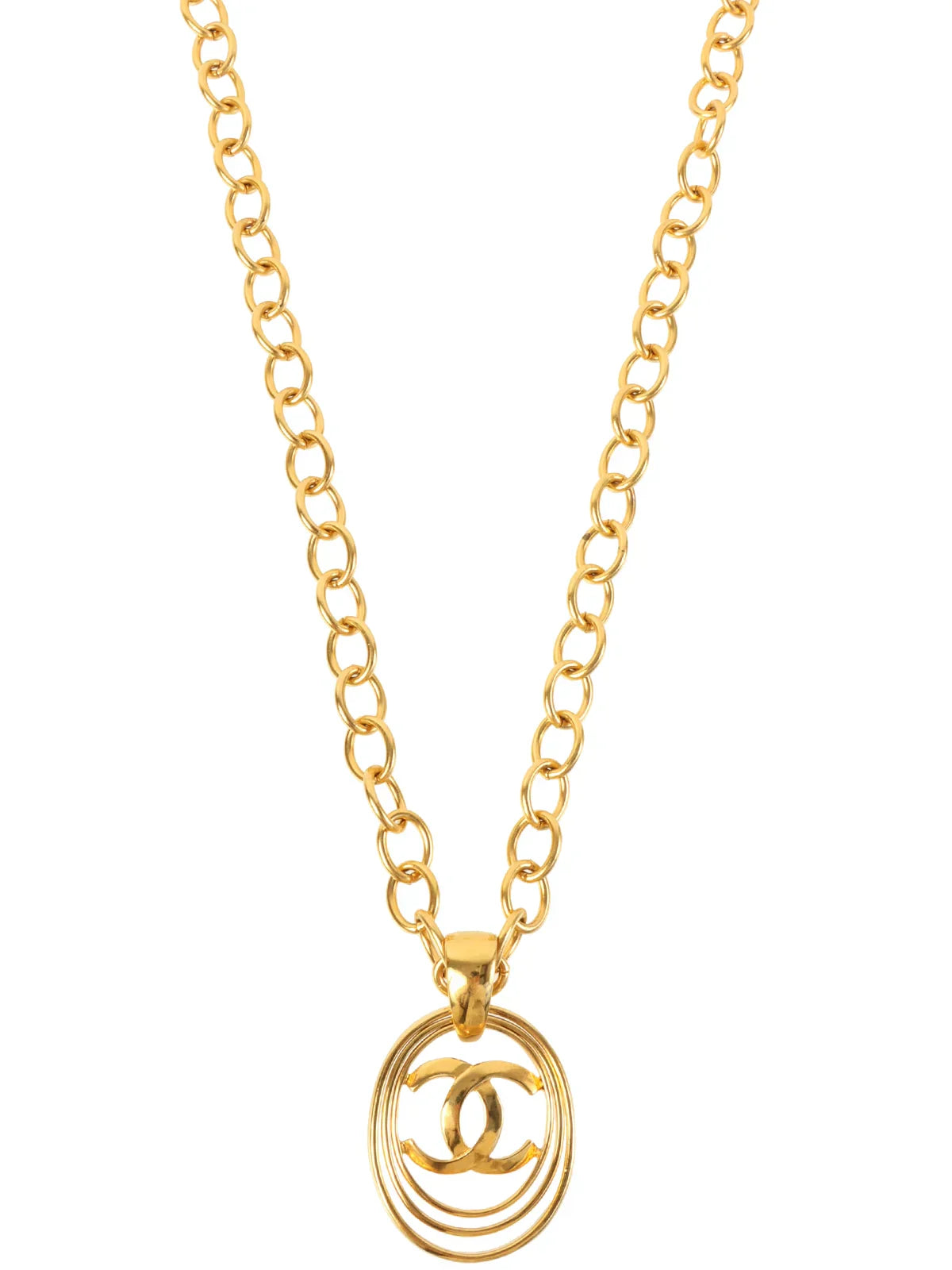 CHANEL 1995 Made Oval Cutout Cc Mark Plate Chain Long Necklace Gold