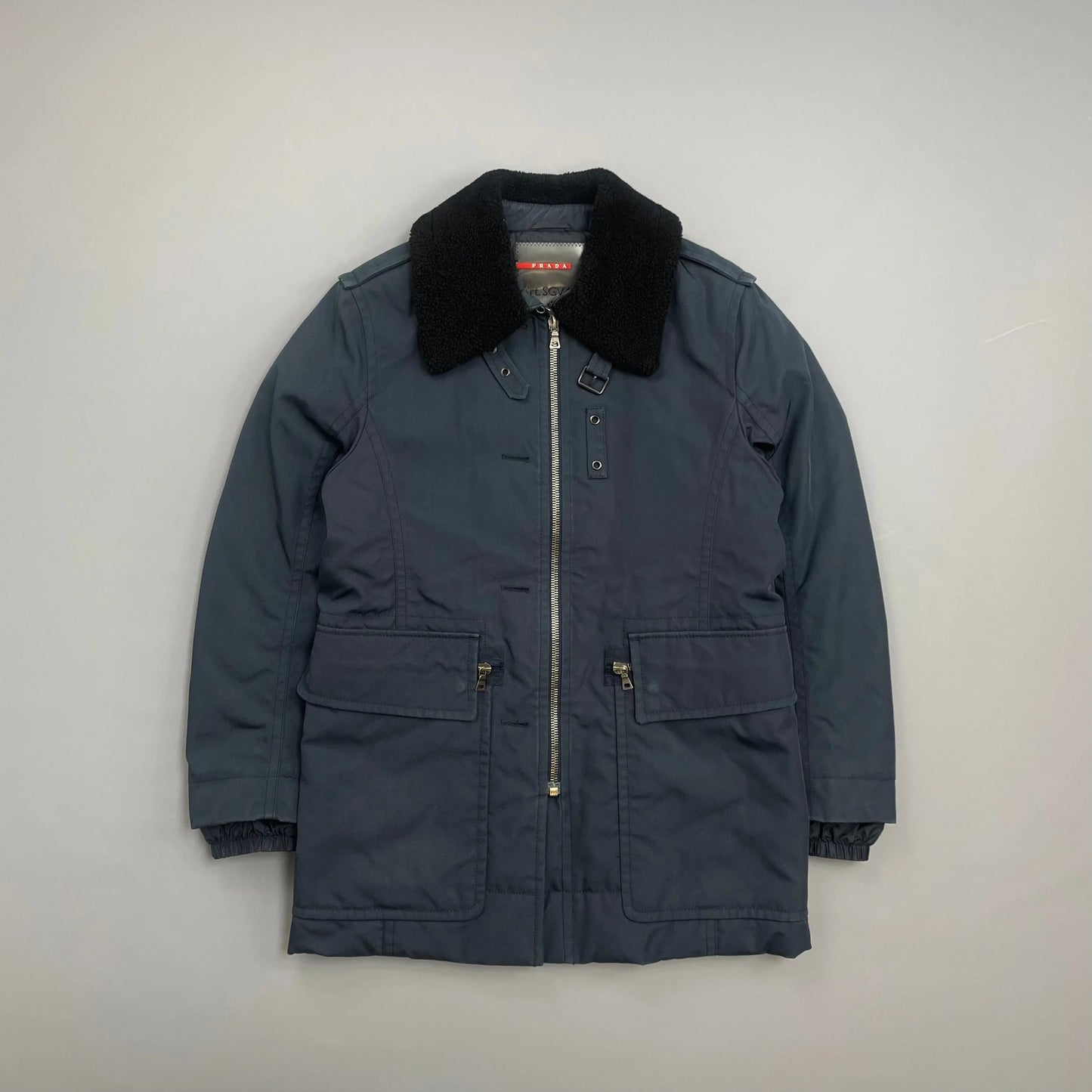 Prada Sport Blue Canvas Nylon Sheep Fur Collar Utility Padded Overcoat