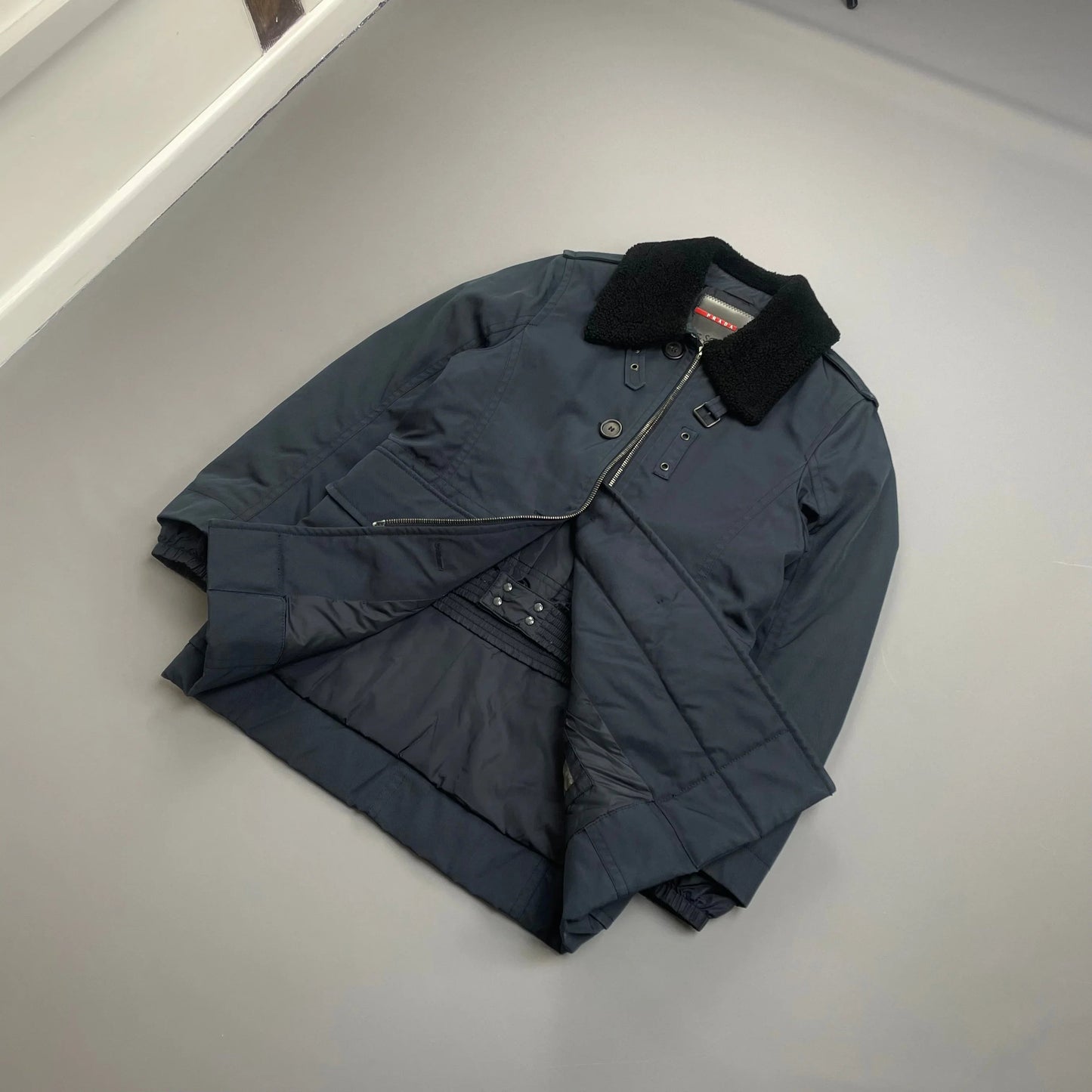 Prada Sport Blue Canvas Nylon Sheep Fur Collar Utility Padded Overcoat