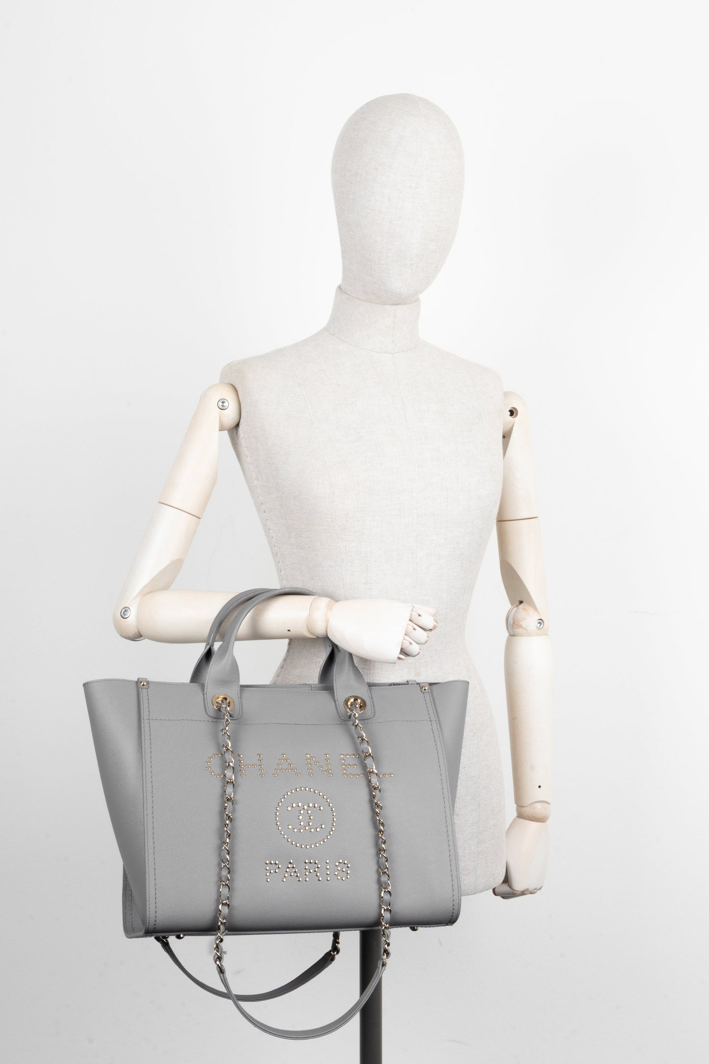 CHANEL Medium Deauville Bag Studded Leather Grey