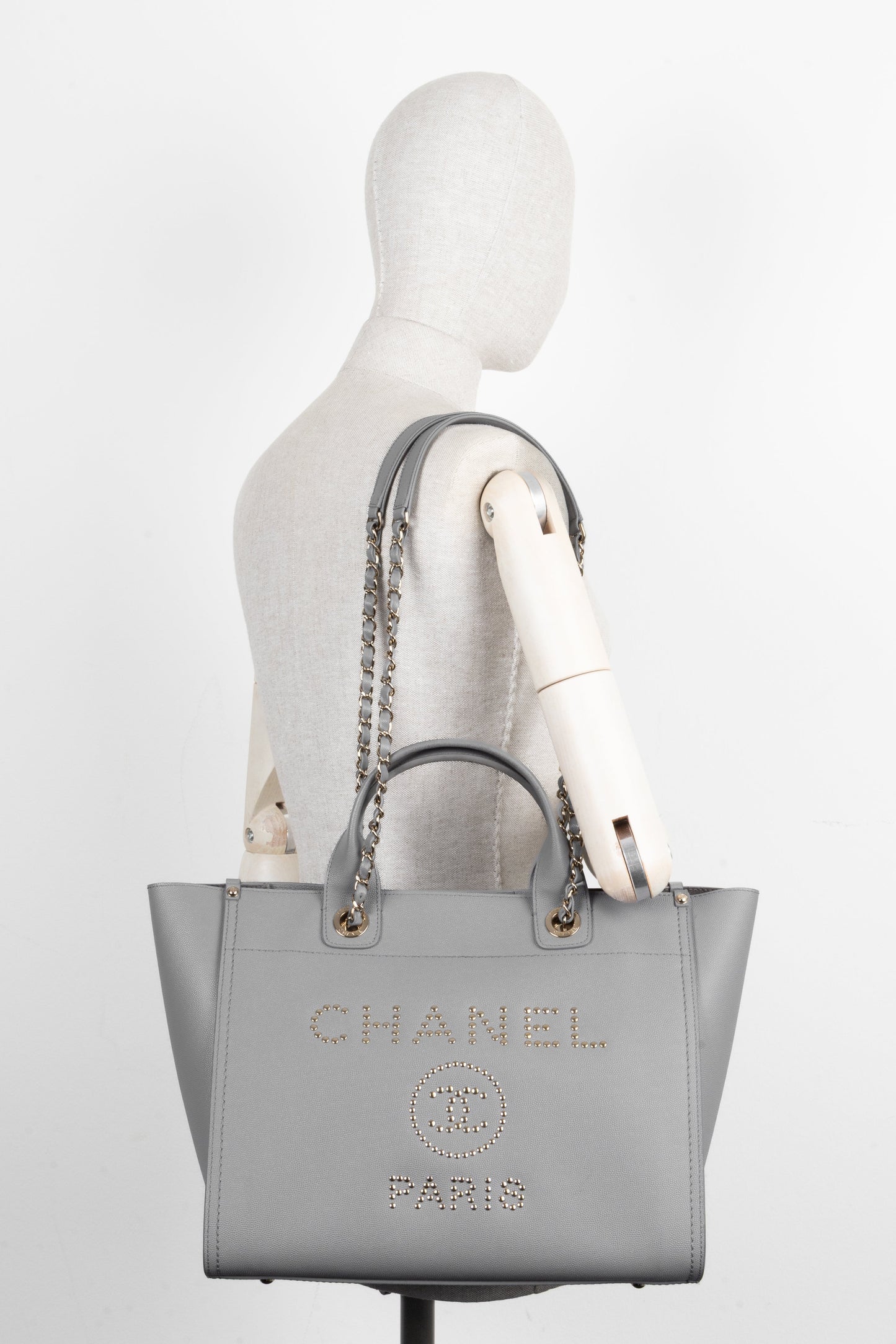 CHANEL Medium Deauville Bag Studded Leather Grey