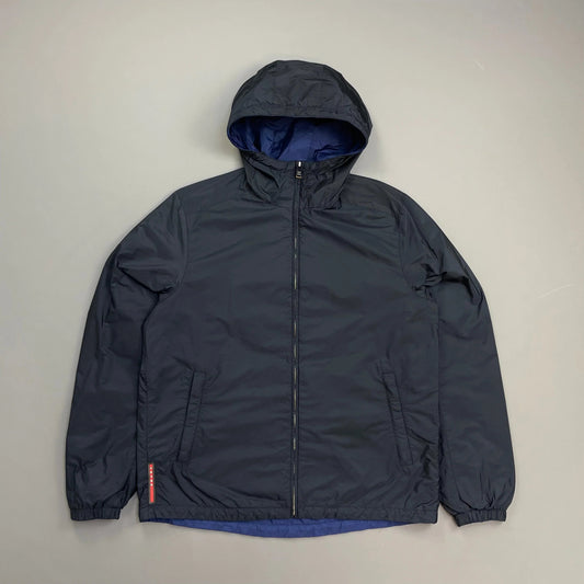 Prada Sport 2014 Navy & Iridescent Blue Reversible Resin-Coated Nylon Hooded Windbreaker Jacket