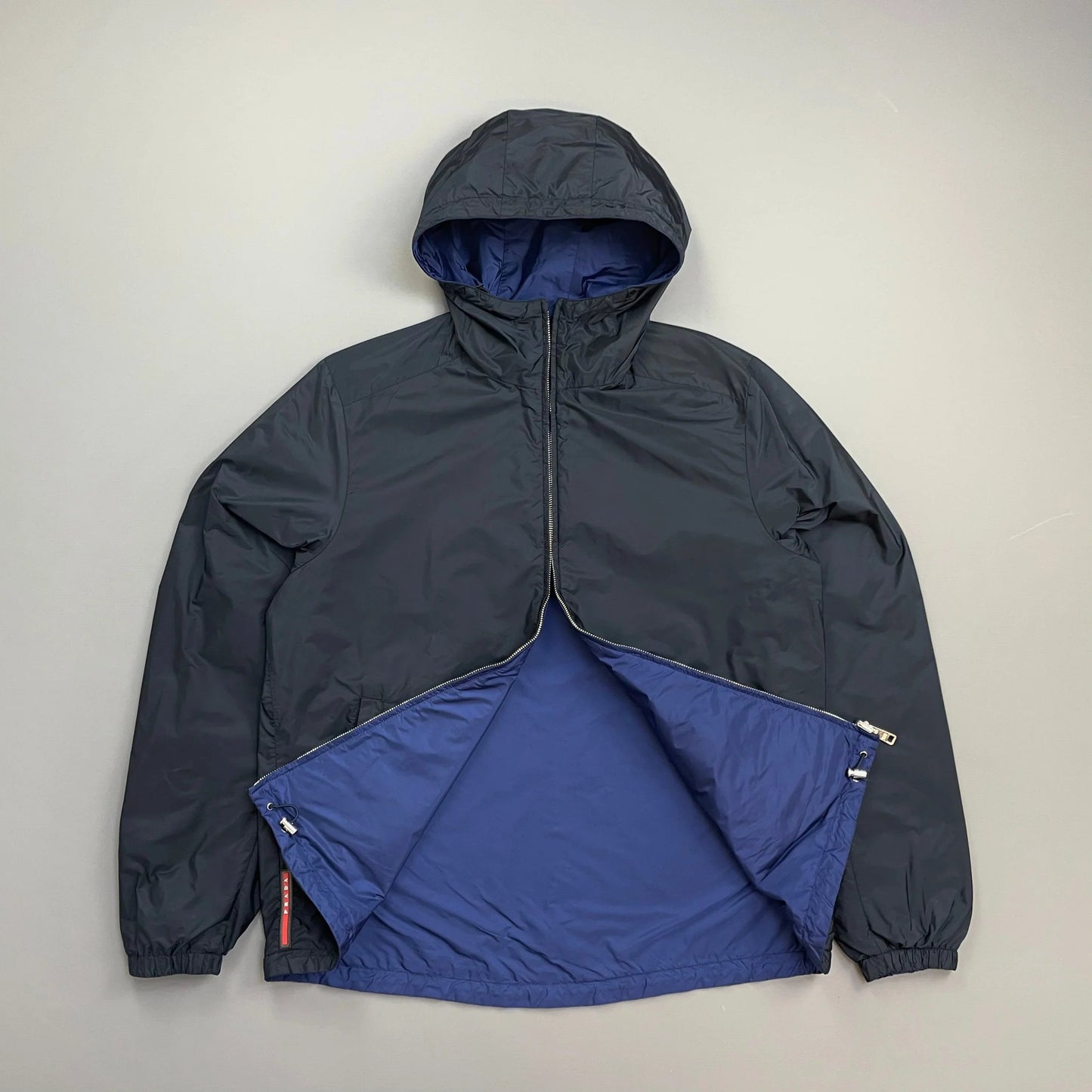Prada Sport 2014 Navy & Iridescent Blue Reversible Resin-Coated Nylon Hooded Windbreaker Jacket