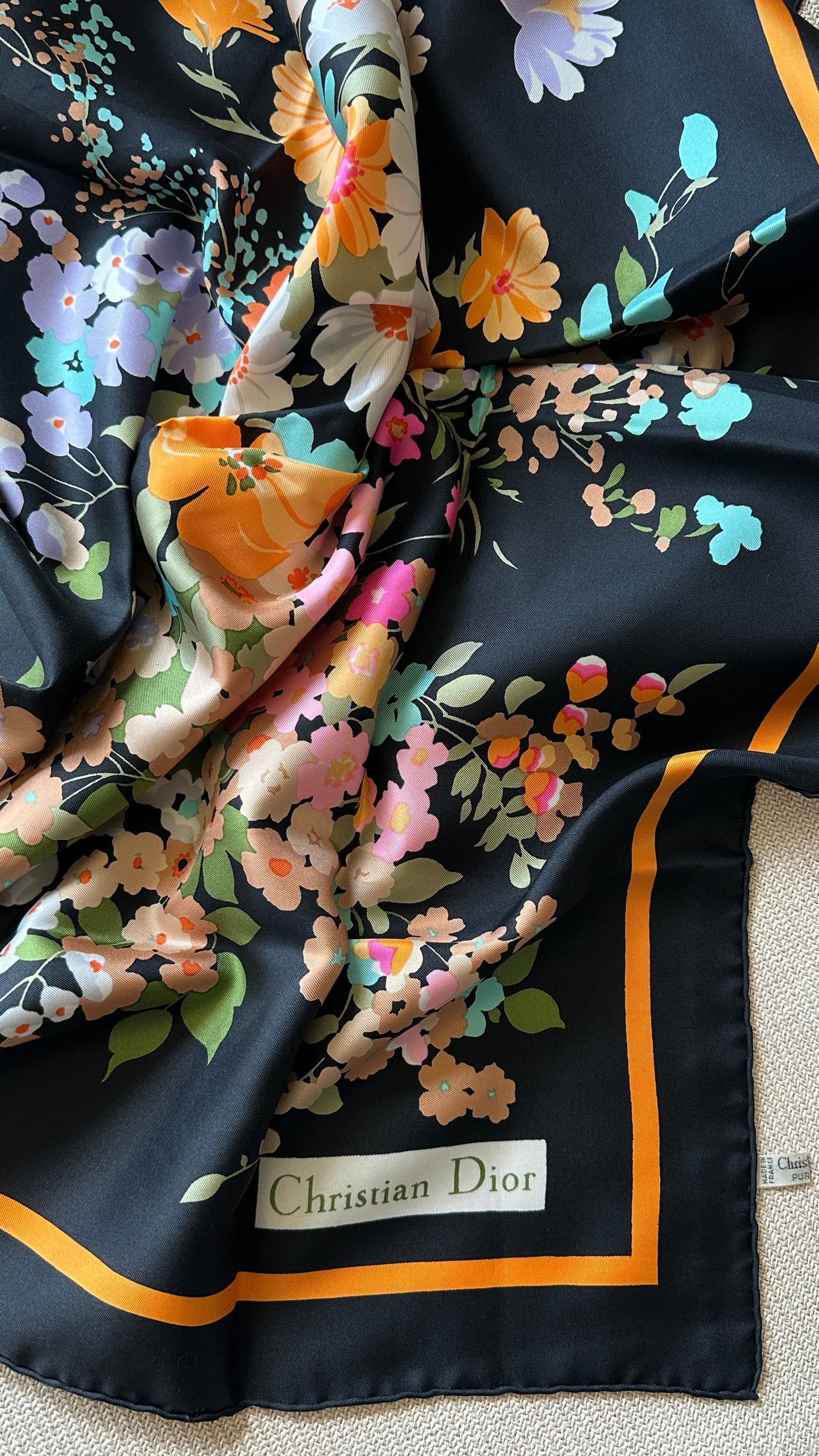 CHRISTIAN DIOR Floral Silk Scarf Black