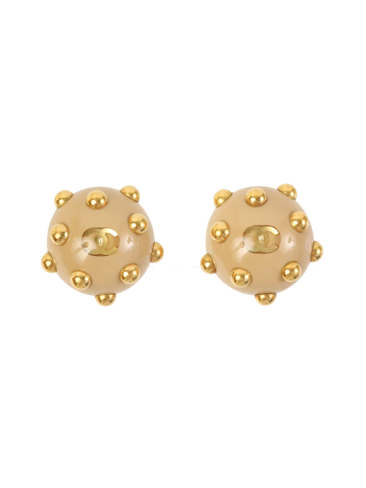 CHANEL 2000 Made Round Dotted Studs Cc Mark Earrings Beige