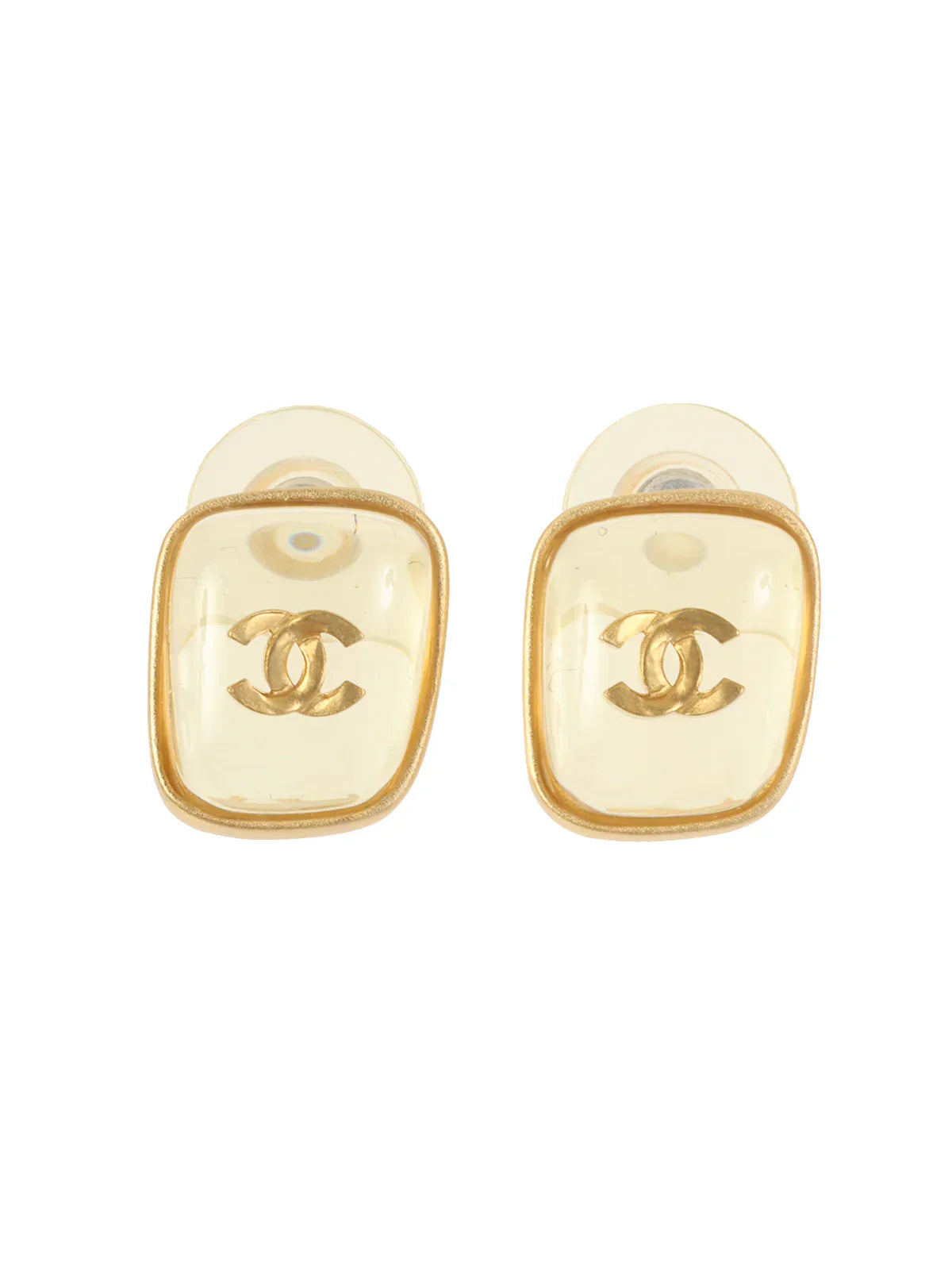 CHANEL 2001 Made Square Cc Mark Pierced Earrings Clear/Gold