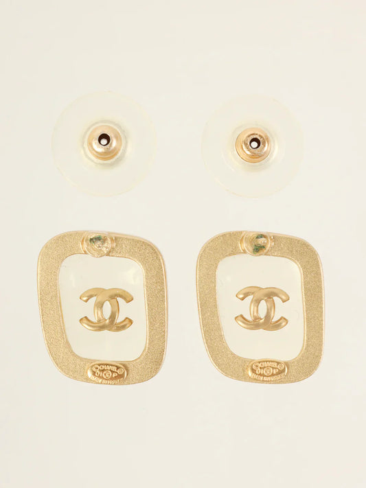 CHANEL 2001 Made Square Cc Mark Pierced Earrings Clear/Gold