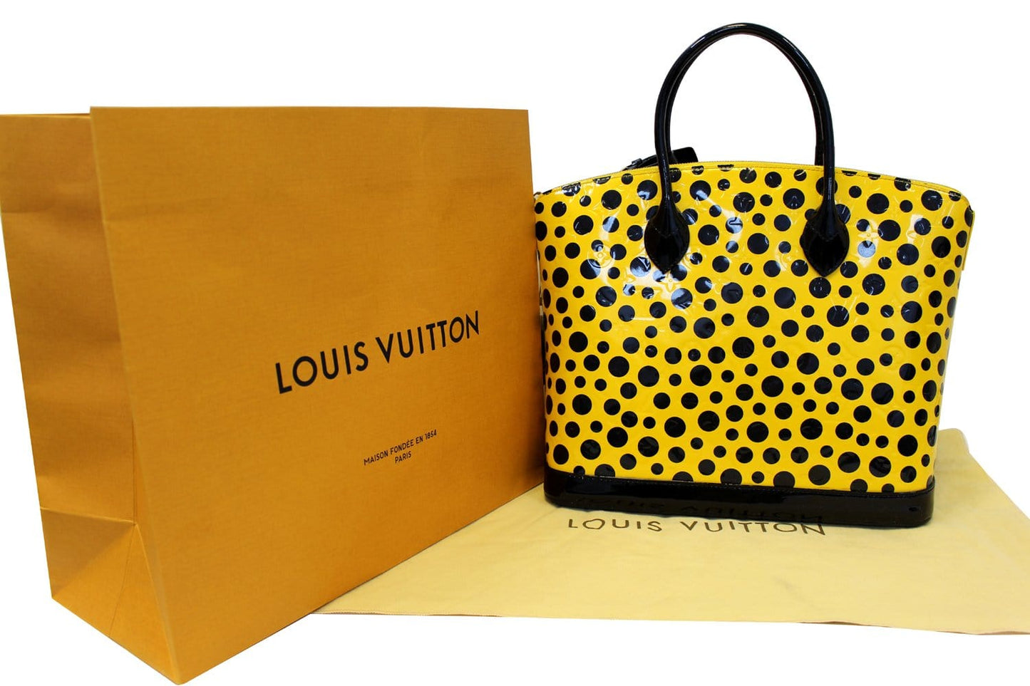 LOUIS VUITTON Limited Yayoi Kusama Yellow Vernis Black Dots Lockit MM Bag